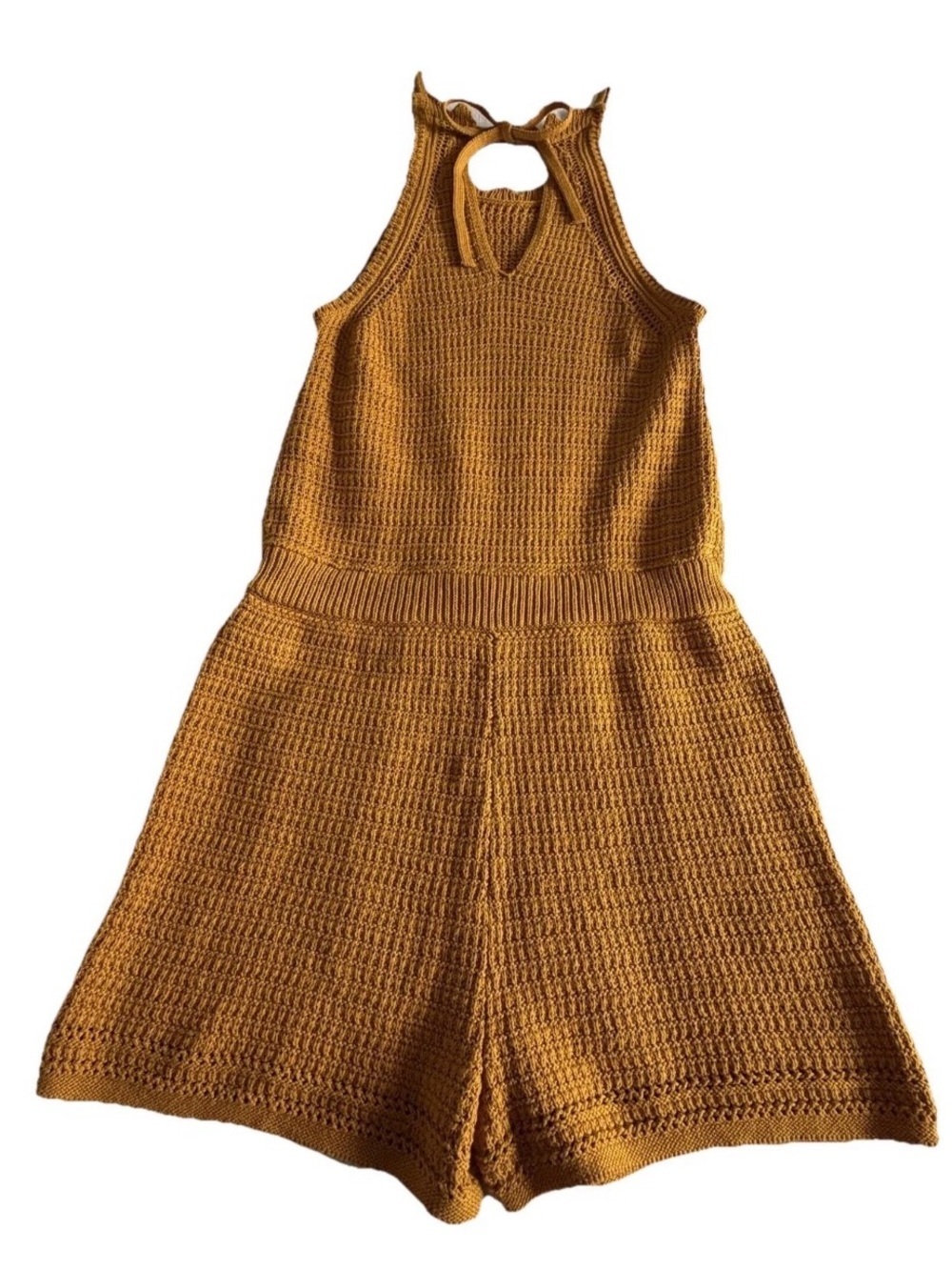 Universal Thread Romper Womens M Mustard Crochet Halter Drawstring Festival Boho - Picture 3 of 10
